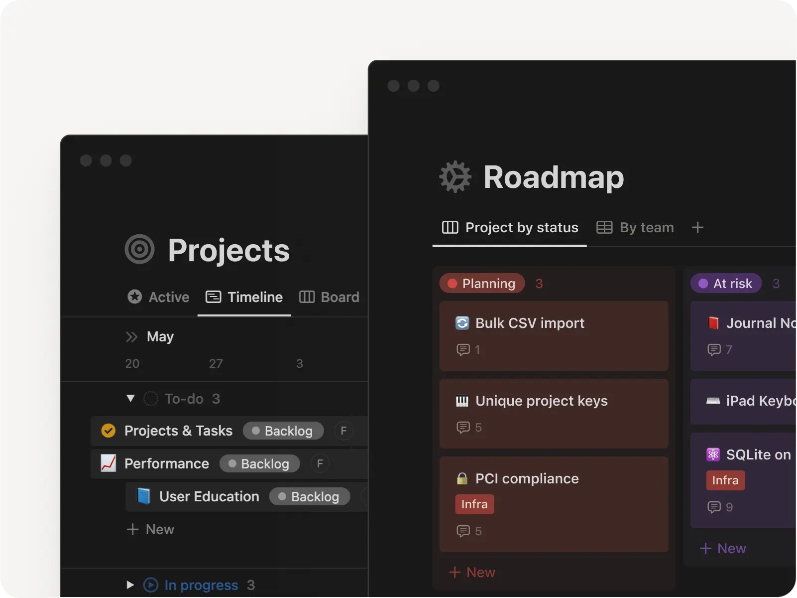 Notion databases showing Projects and Roadmap