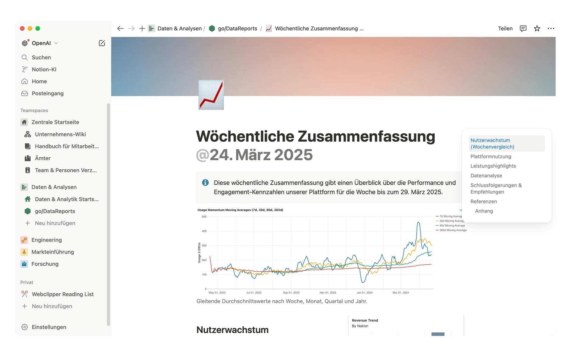 Das Data-Science-Team von OpenAI sparte Stunden manueller Arbeit, indem es das Berichtswesen in Notion automatisierte und wichtige operative Daten samt Dashboards in einem durchsuchbaren Hub mit Einblicken in Echtzeit für Entscheider zusammenfasste.