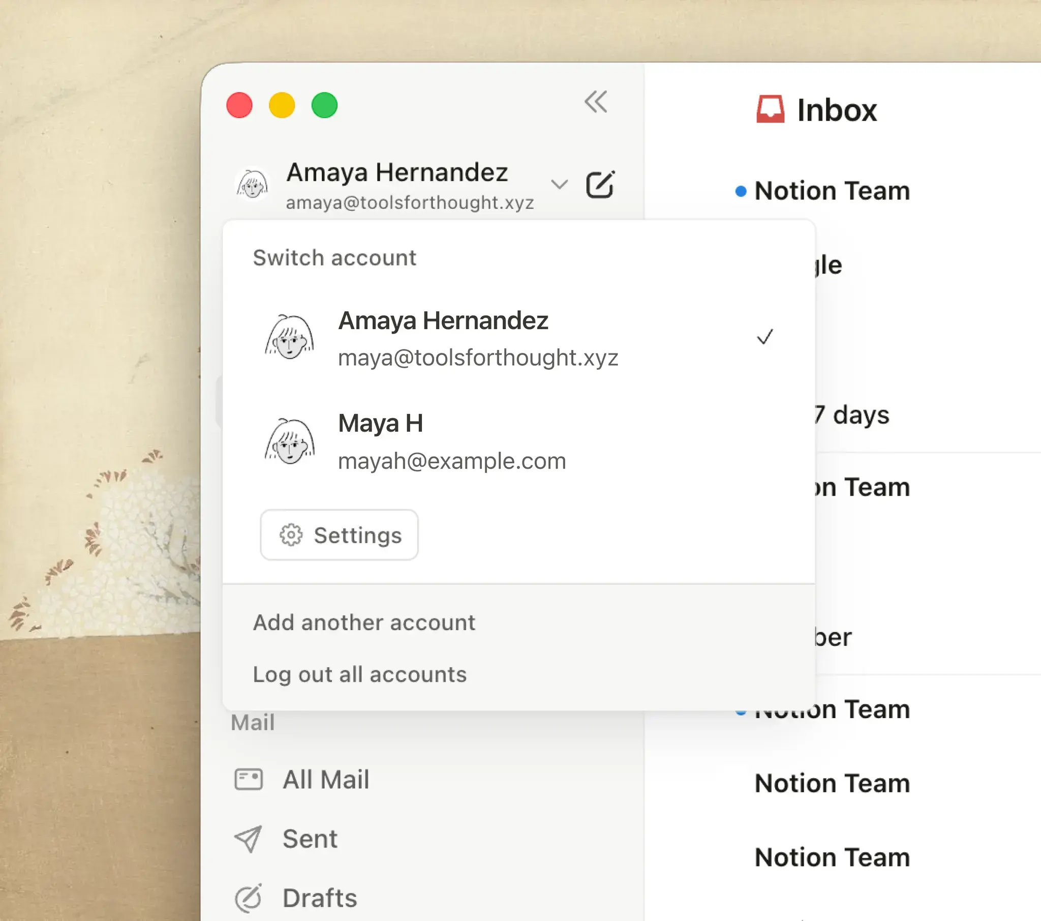 Notion Mail 支援多組帳號