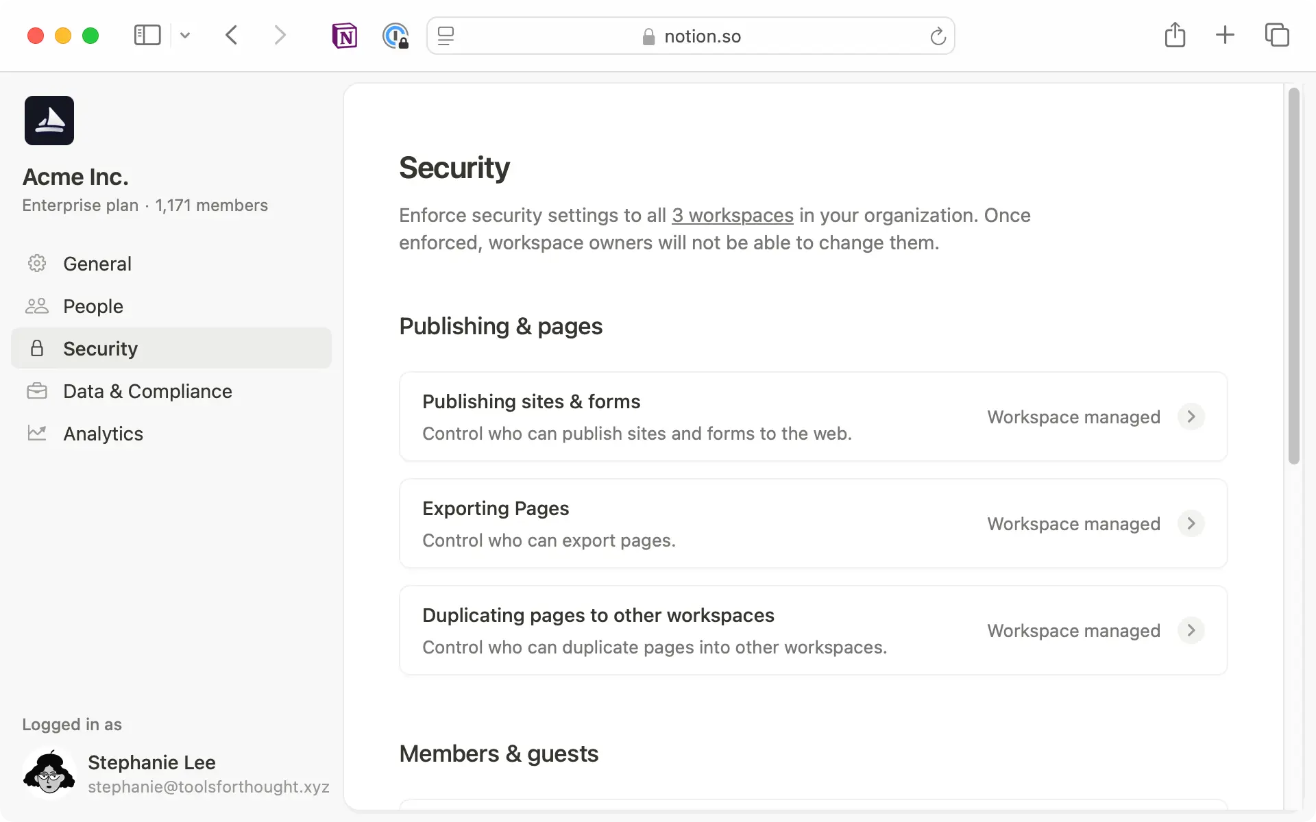 Gérez les paramètres de sécurité tels que la publication de pages, les membres, les invités et les intégrations dans l’onglet Sécurité.