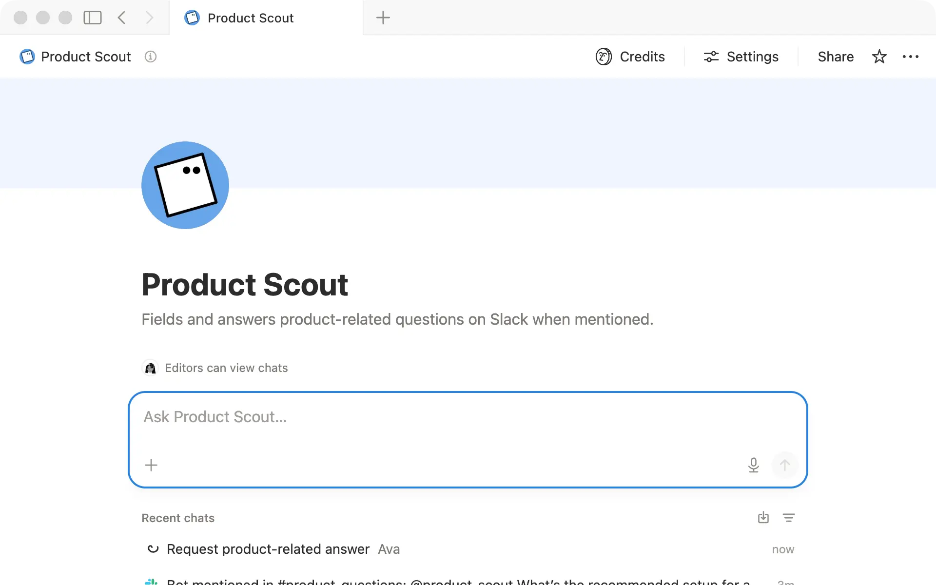 Product Scout answers a teammate's product question inside a Slack channel.