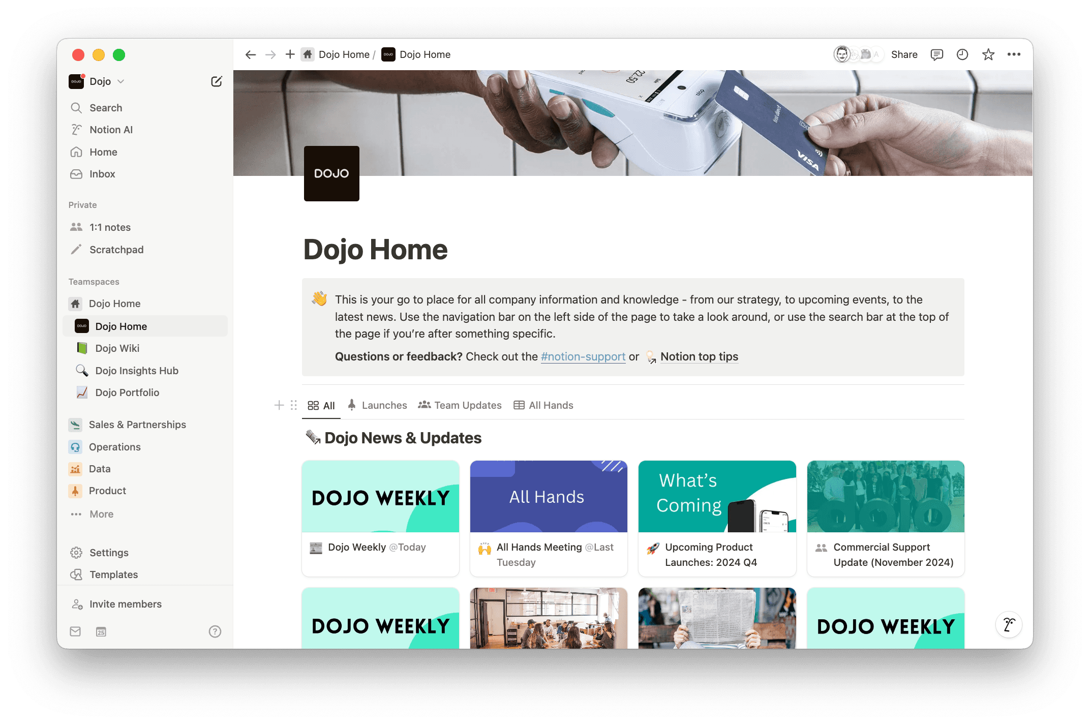 Ved å publisere ukentlige nyhetsbrev og bedriftsoppdateringer direkte i Notion, forbedret Dojo effektiviteten i den interne kommunikasjonen – noe som resulterte i betydelig høyere lesertall og vedvarende engasjement i deres samlede arbeidsområde.