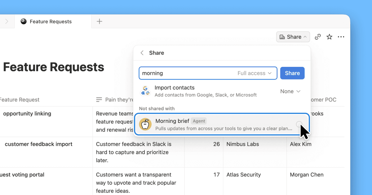 Share context with Custom Agents from the Share menu