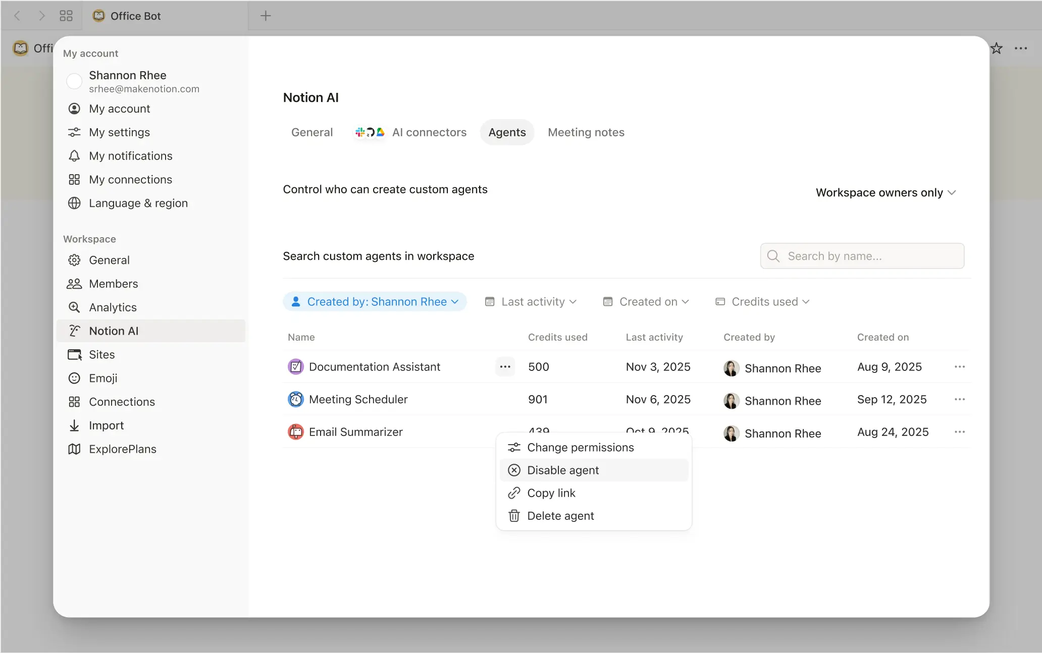 Go to Settings → Notion AI → Agents, find the agent you want, open its menu, and select "Disable".