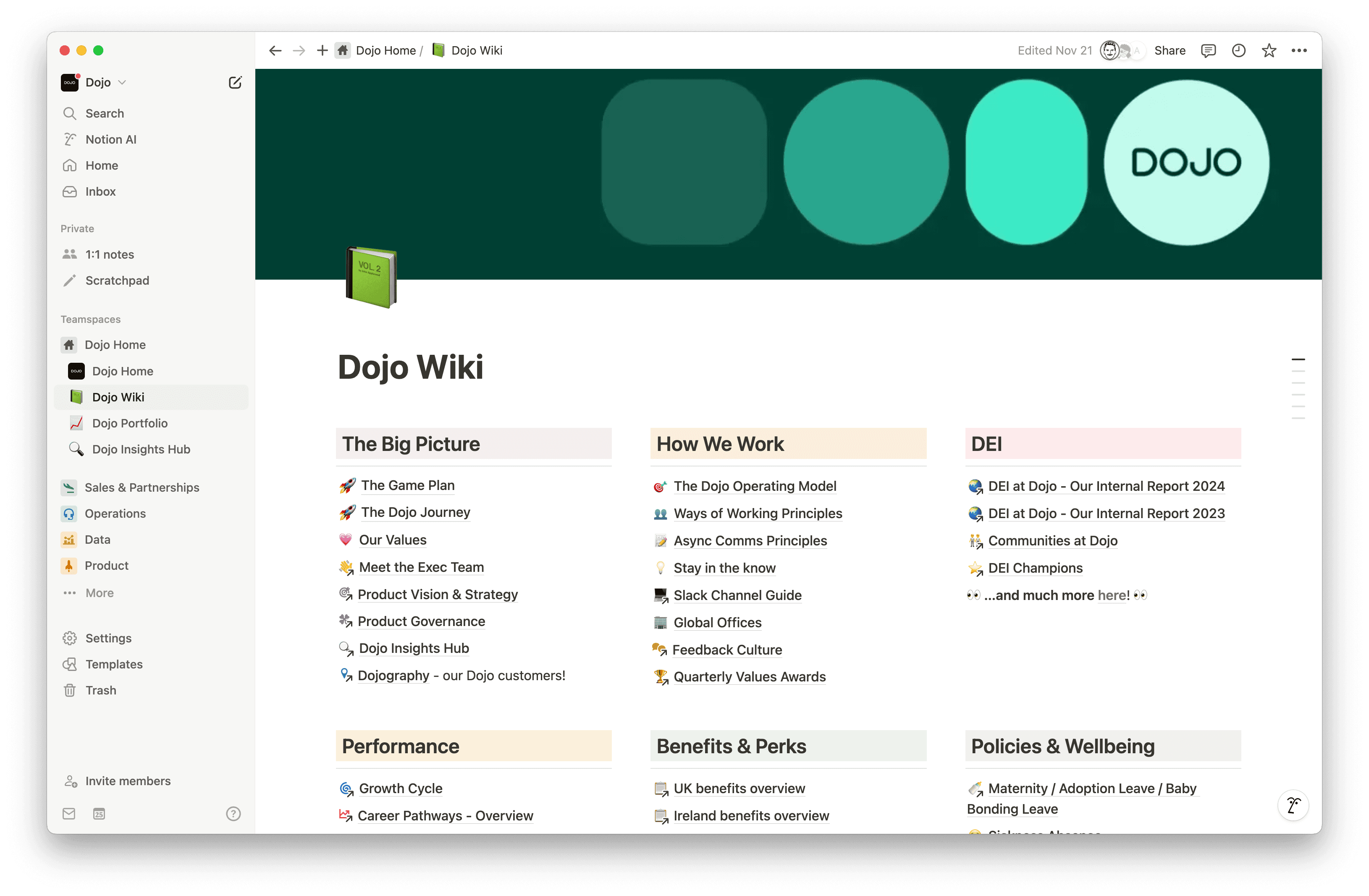 Dojos wiki i Notion fungerer som deres sentrale kunnskapssenter, der teamene enkelt kan finne, oppdatere og dele viktig bedriftsinformasjon – og erstatter dermed det statiske intranettet med et dynamisk, søkbart arbeidsområde.
