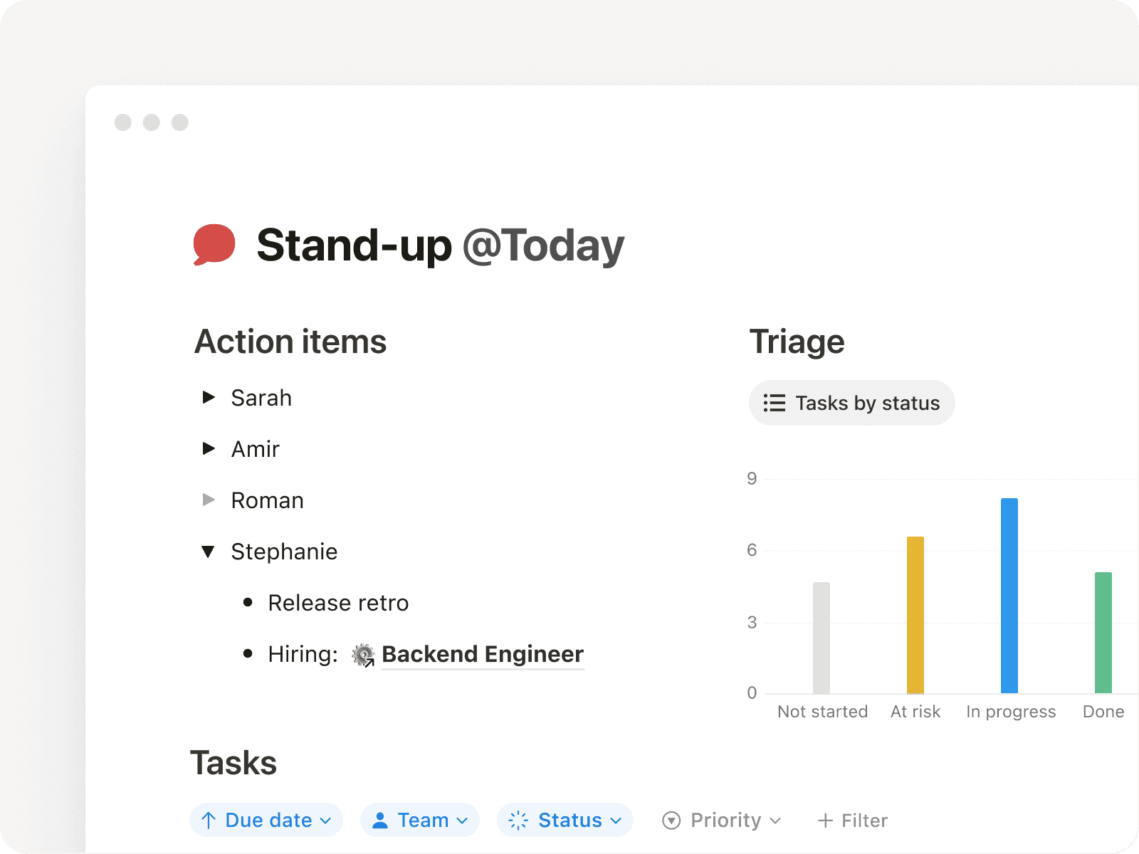 Notion page with action items, charts, and tasks