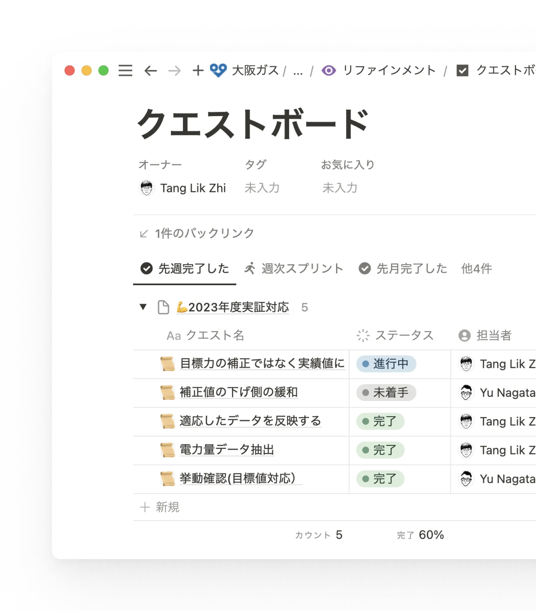 データベースで、タスクごとの進捗、オーナー、担当者を明らかにして管理。