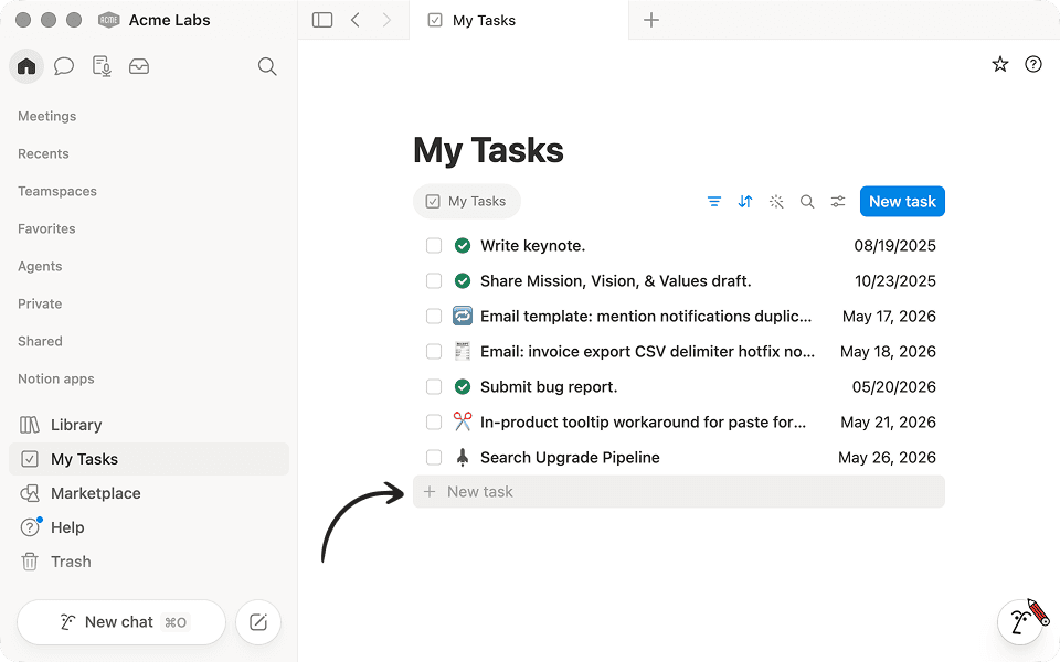 Select + New Task to add a new task directly to your My Tasks list.