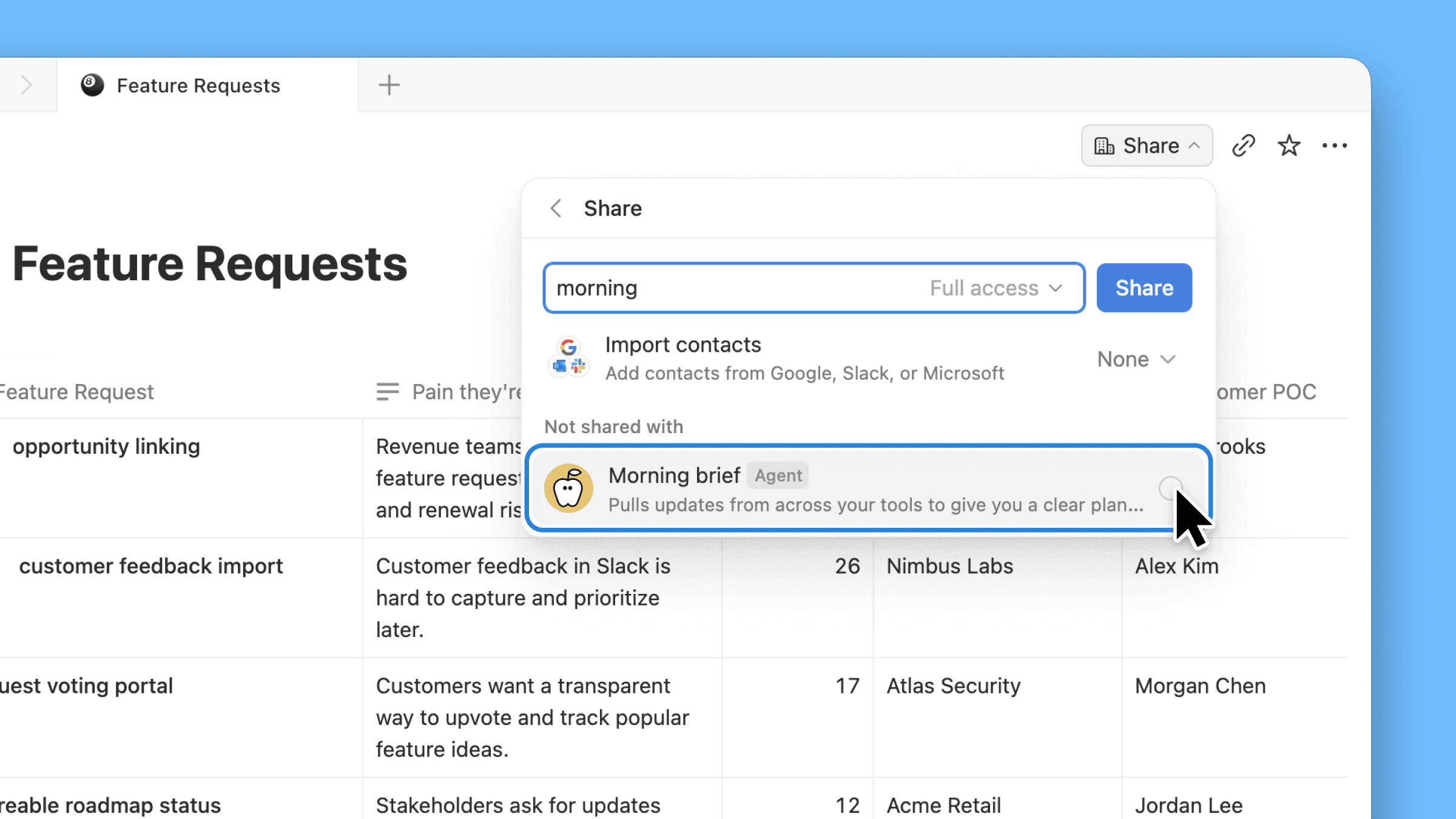 Share context with Custom Agents from the Share menu