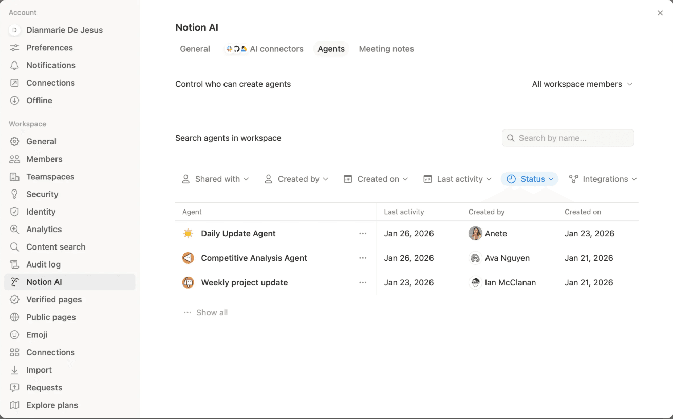 Billede af agentmappe i Notion AI.
