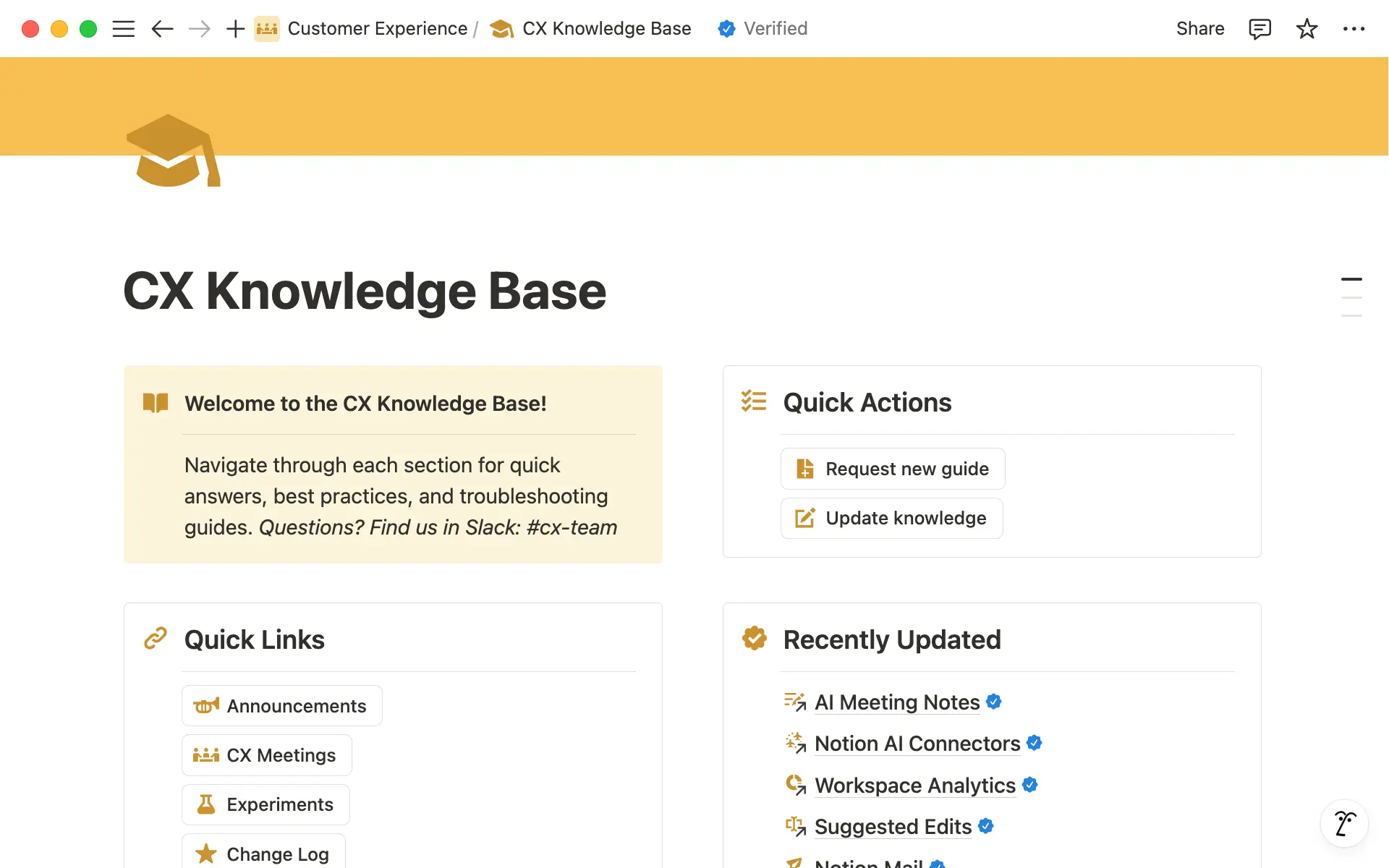 La base de connaissances CX dans toute sa splendeur. Les boutons d’action rapide créent de nouvelles tâches à traiter pour l’équipe, tandis que les liens rapides renvoient vers les pages souvent utilisées.