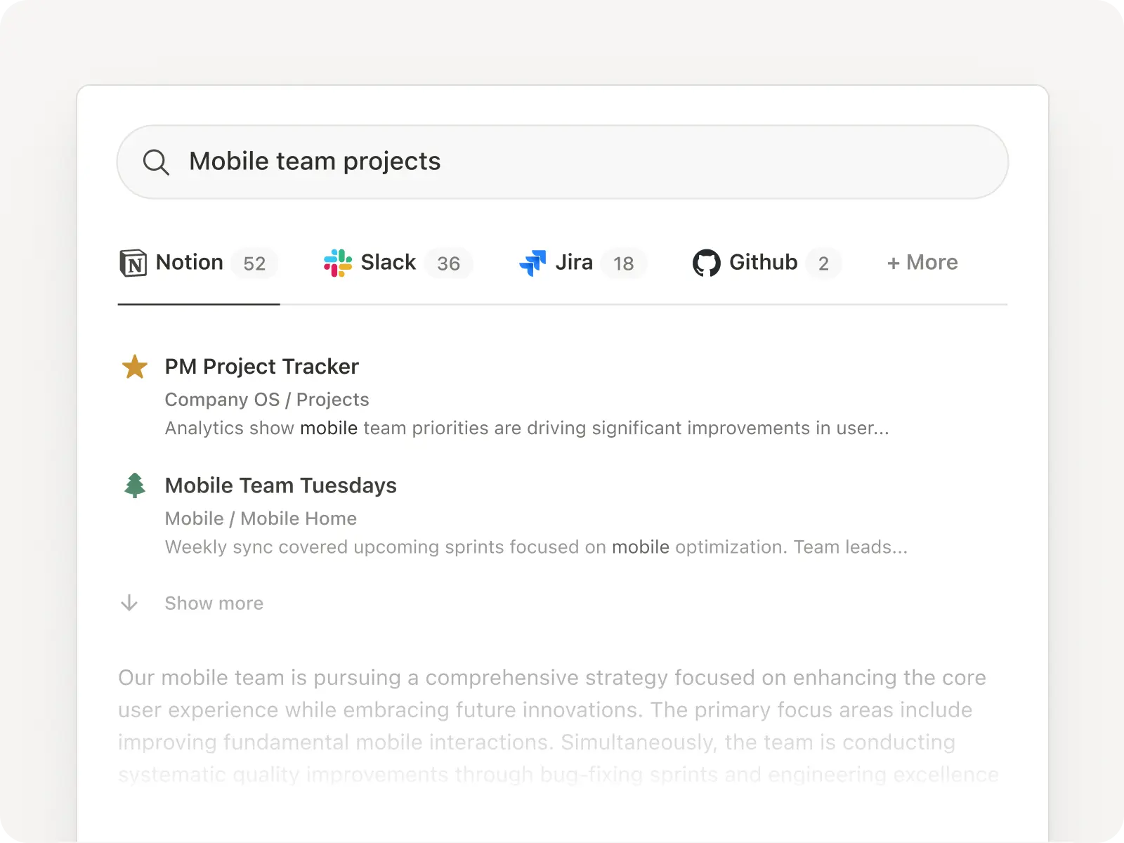 Search results for "Mobile team projects" across Notion, Slack, Jira and Github