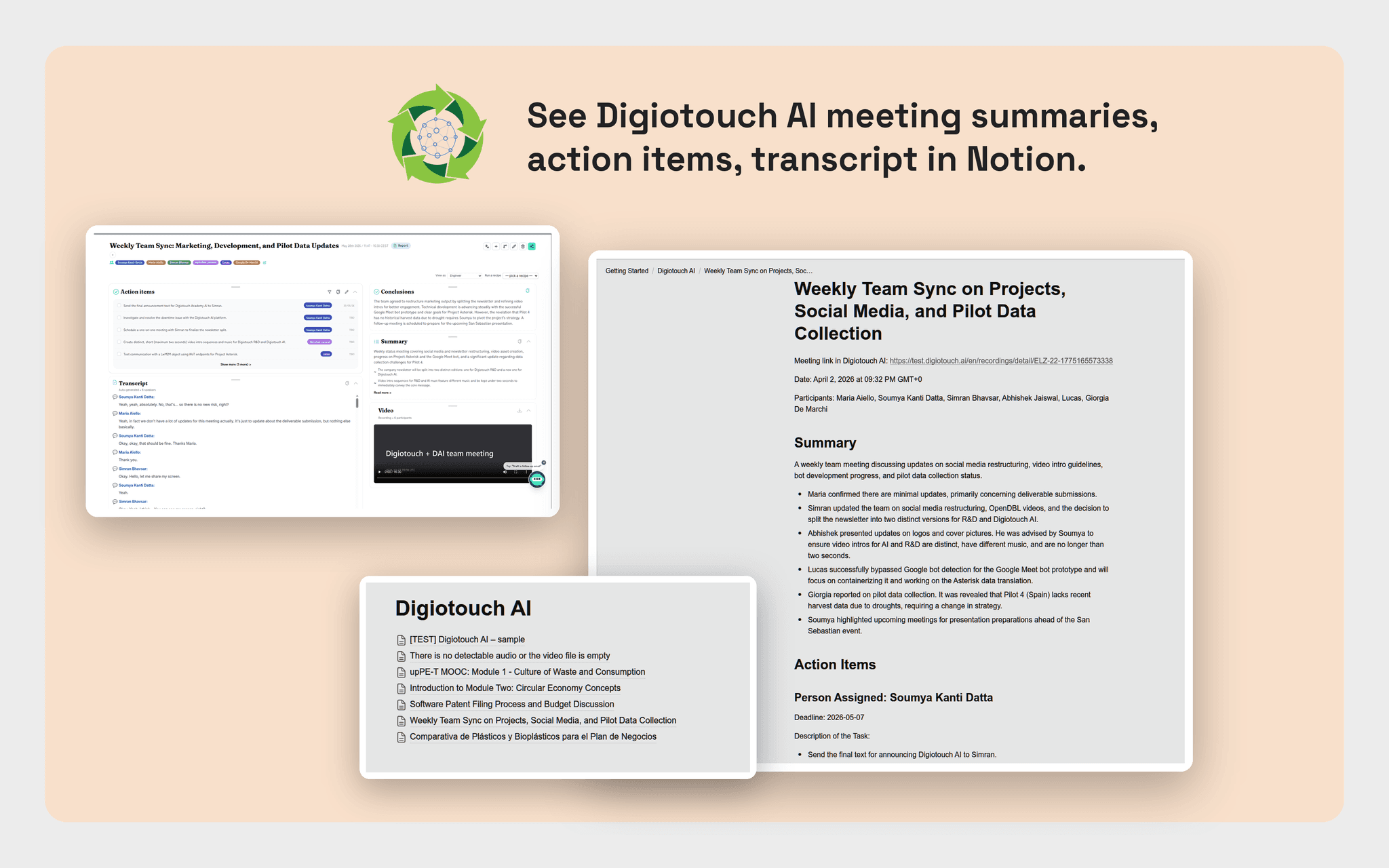 Export Digiotouch AI generated video meeting notes, speaker identified transcript, action items into your Notion workspace