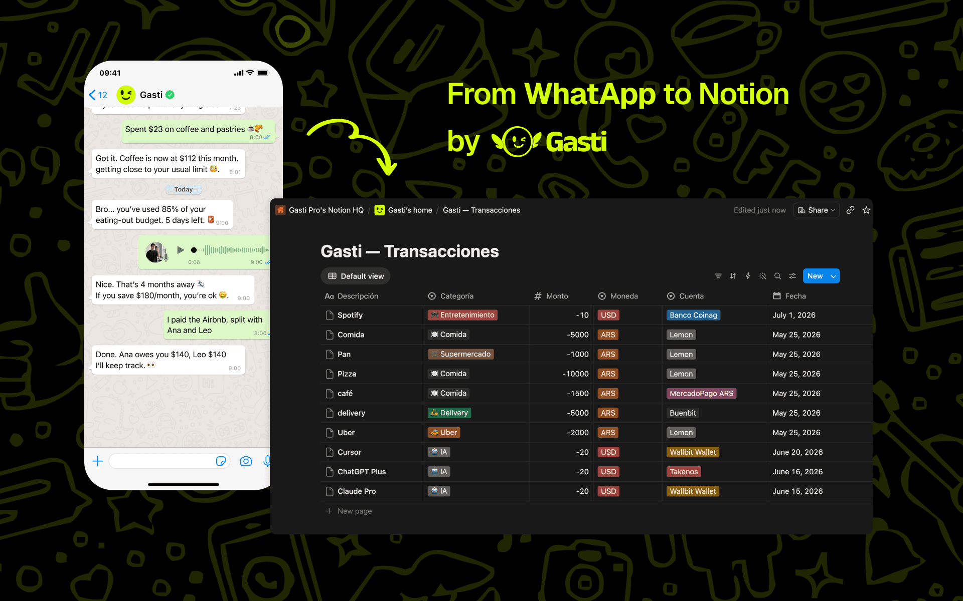 Magic Finances: From WhatsApp to Notion: log an expense in a chat, watch it land in your Notion database.