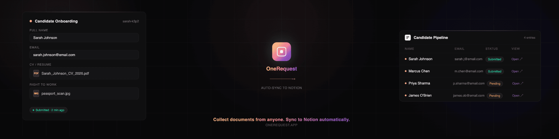 Automatically sync form submissions and document requests to your Notion databases. One link collects everything — Notion organises it
